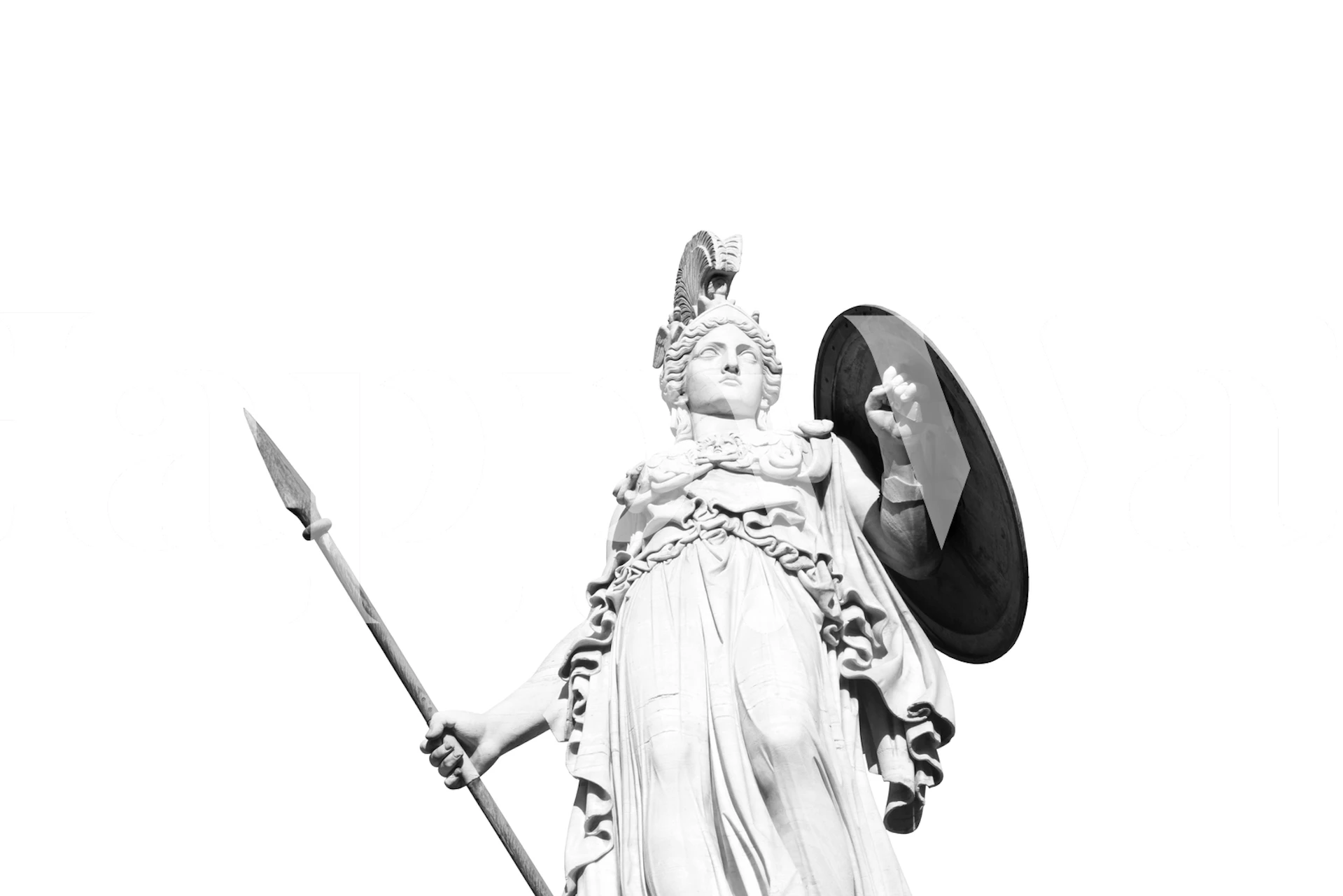 Černobílá nástěnná malba s Athénou, řeckou bohyní moudrosti, v klasickém uměleckém stylu