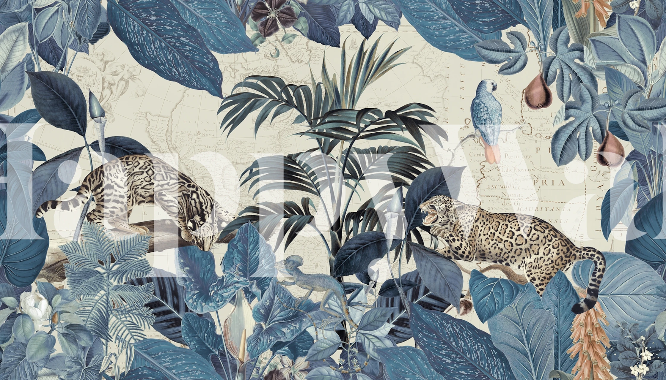 Two jungle cats in blue foliage with a vintage map background wallpaper.