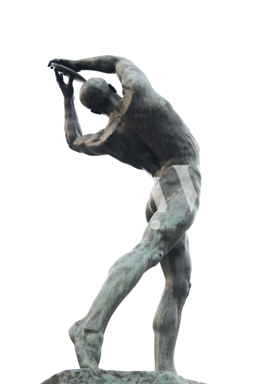 Discus thrower statue in motion, greenish tones, art style wallpaper