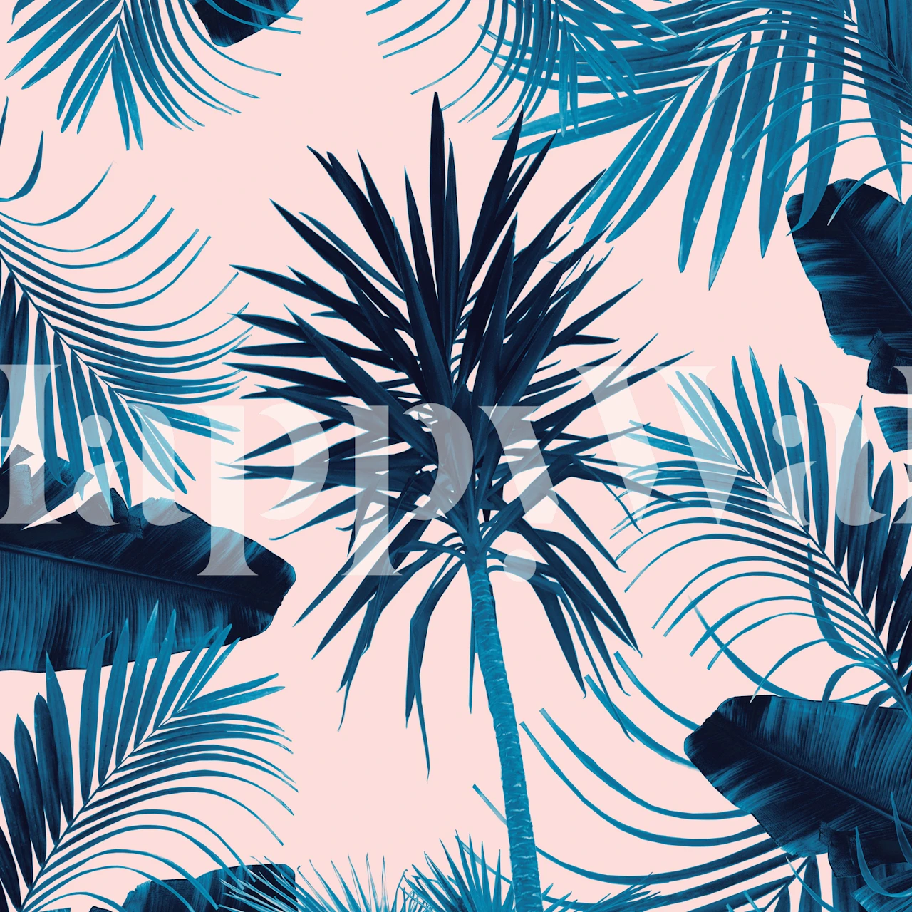 Tropical palm leaves in blue against a pink background wallpaper