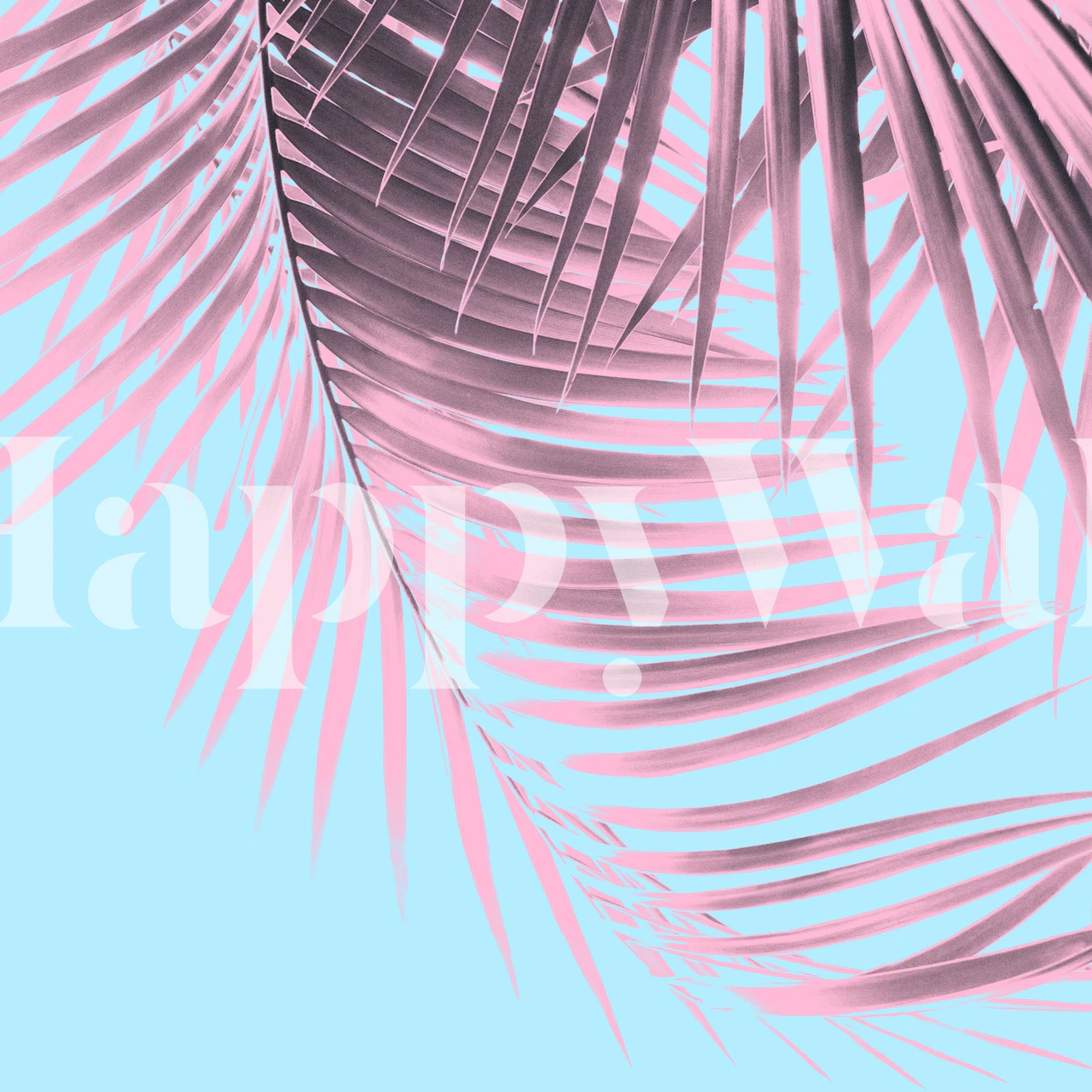 Palm Leaves Summer Vibes 7 wall mural with pink palm leaves on a blue background.