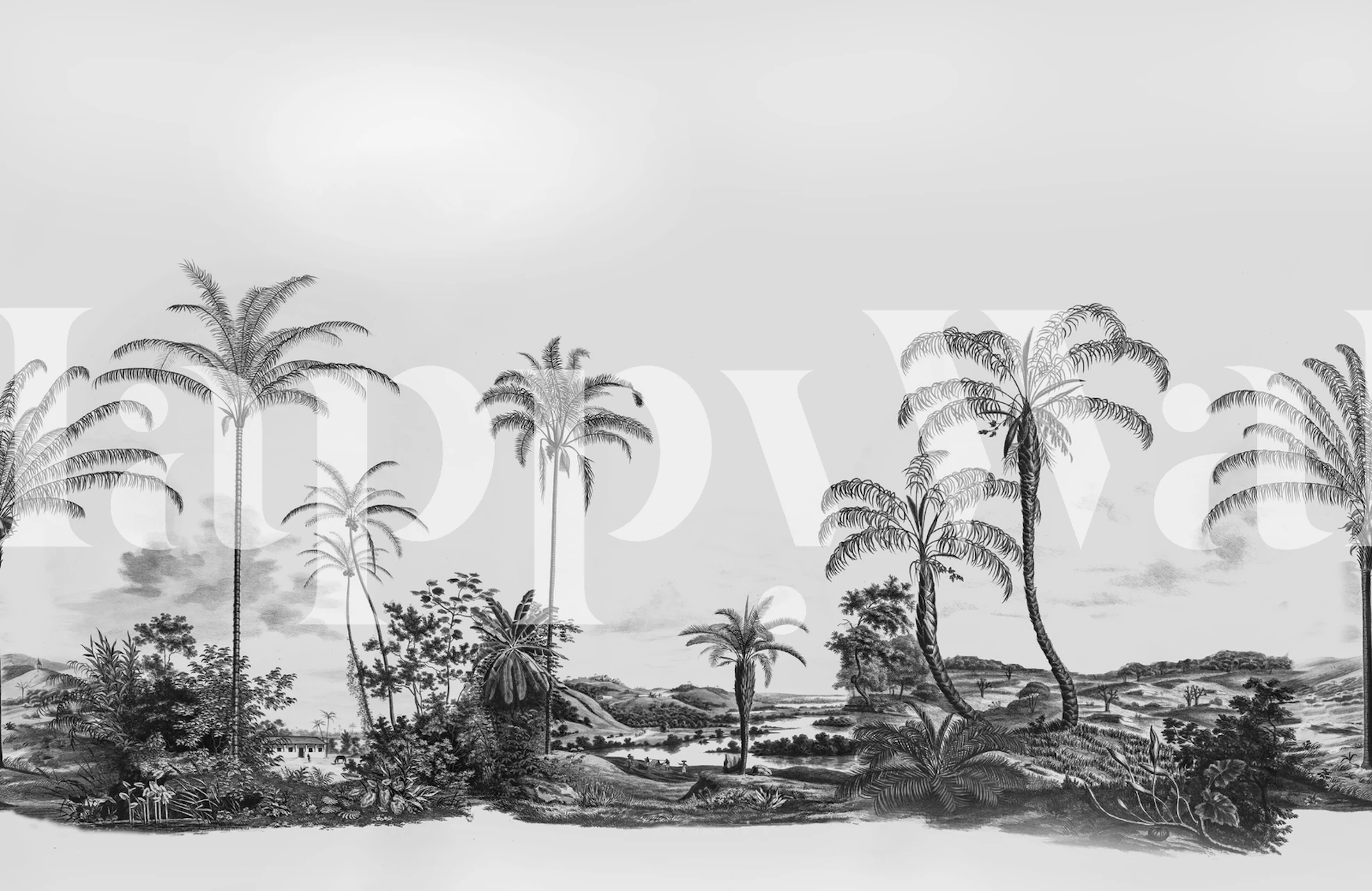 Papier peint paysage tropical monochrome avec palmiers