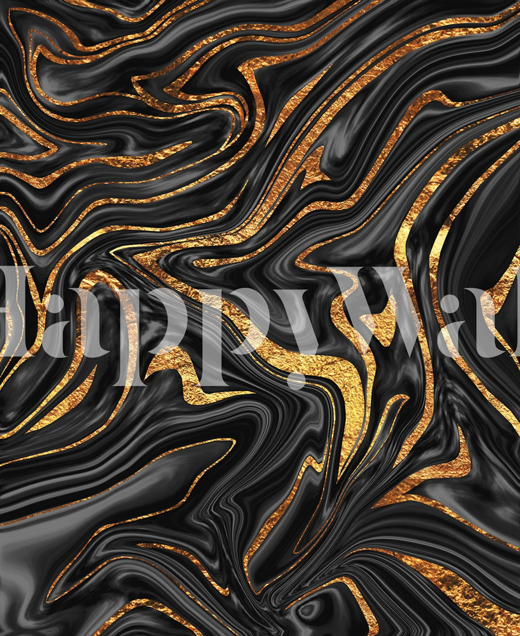 Black and gold swirling marble wallpaper with shiny texture