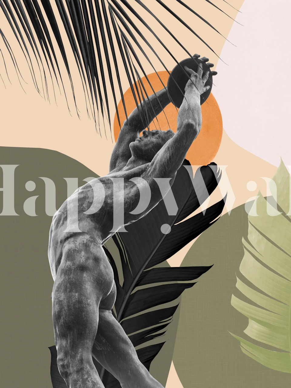 Murale artistique représentant un lanceur de disque olympique en action, entouré d'un feuillage tropical et d'un fond aux couleurs chaudes
