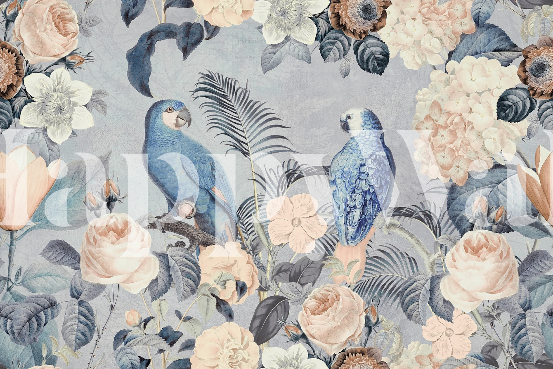 Tropical parrot and floral patterns in soft colors wallpaper