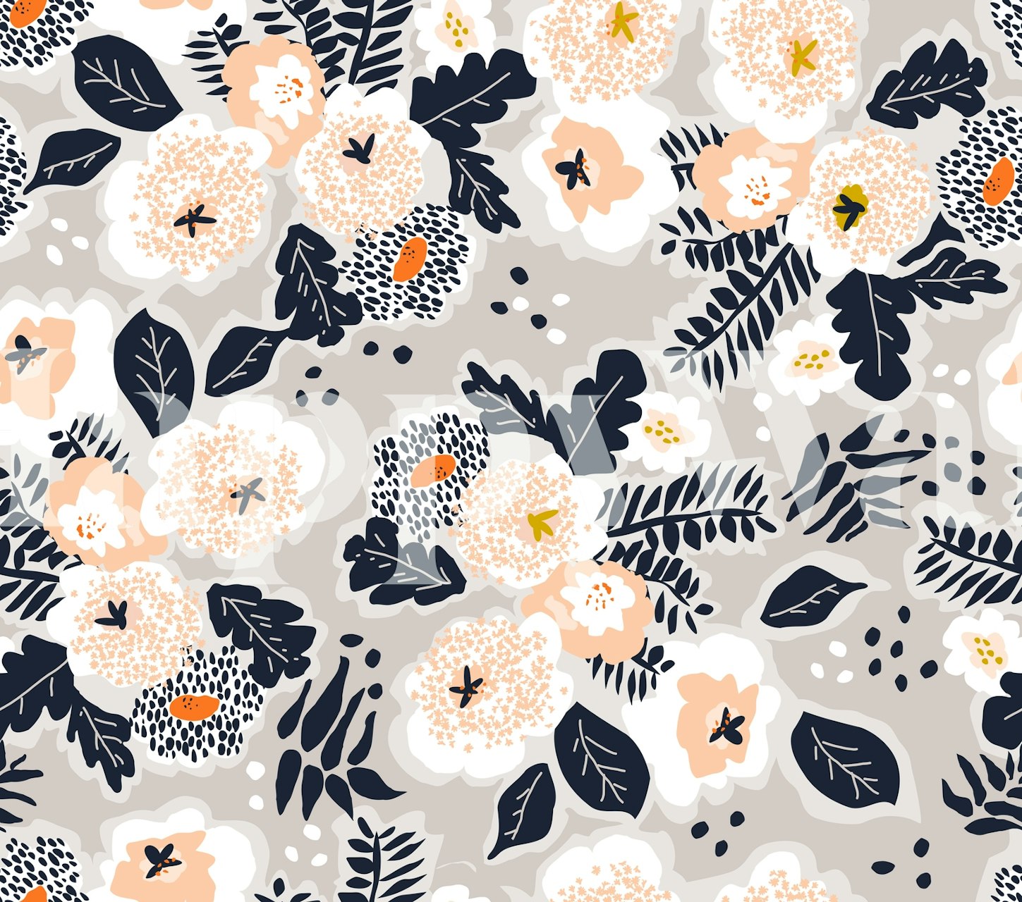 Pink and cream flowers with dark green leaves floral wallpaper