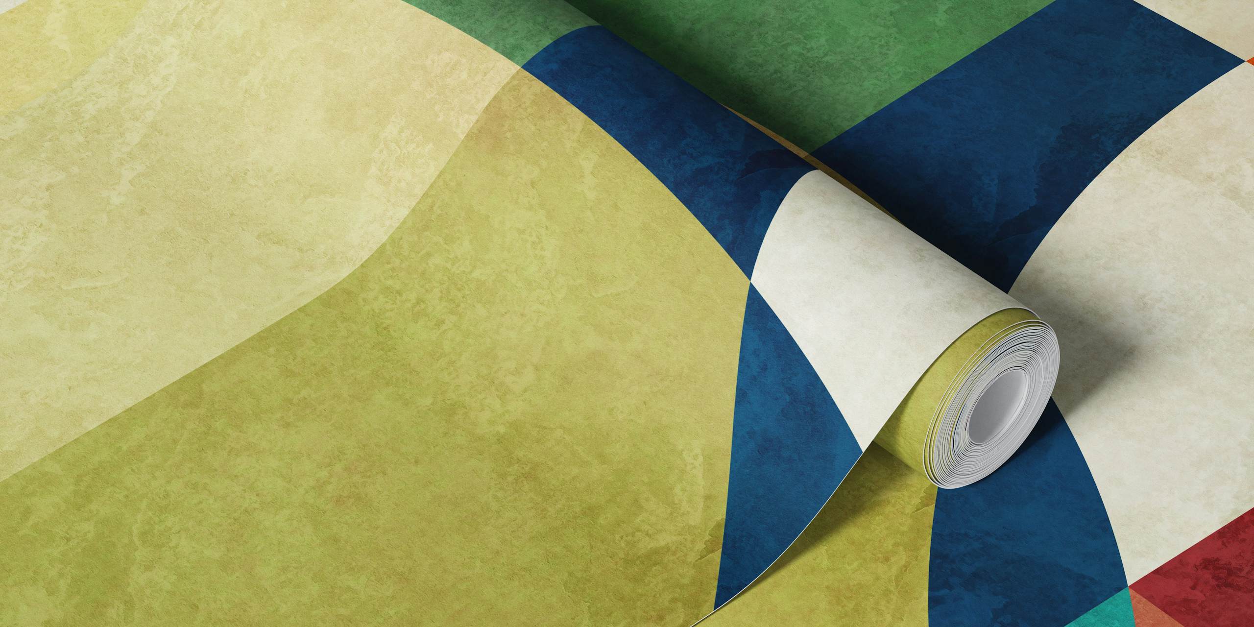 Apstraktni polukružni zidni mural u prigušenim bojama