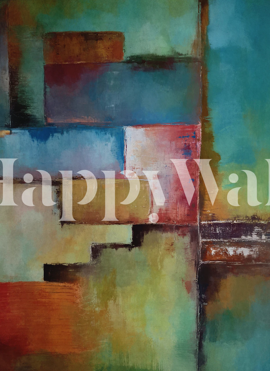 Colorful abstract shapes and squares in teal, orange, and red wallpaper