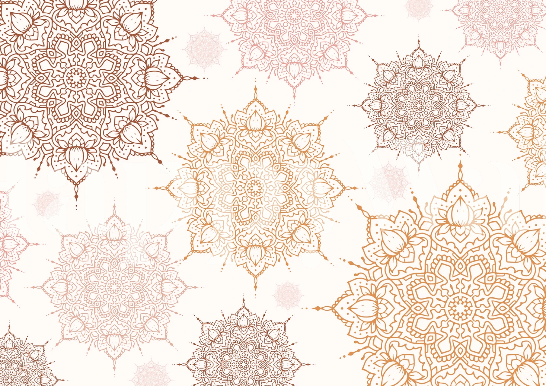 Intricate mandala patterns in soft peach and gold tones on white background wallpaper