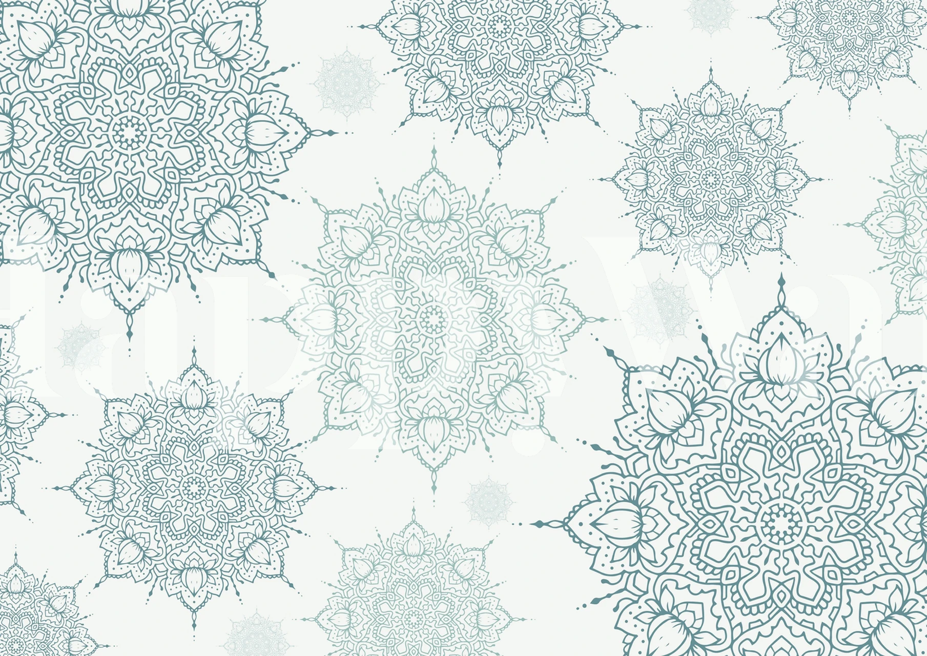 Teal green mandala patterns on a wall mural