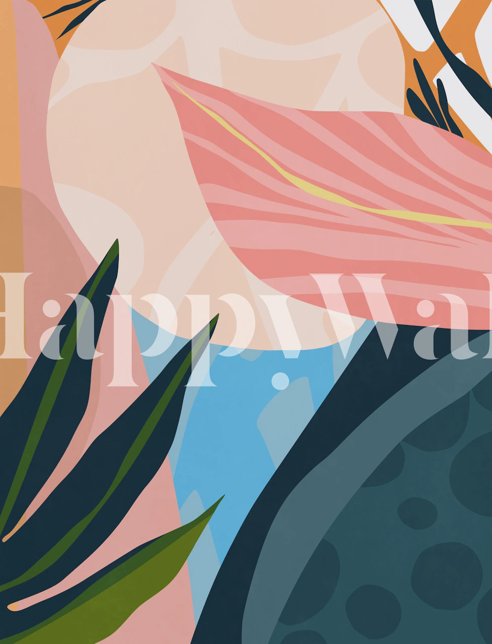 Apstraktni tropski zidni mural sa stiliziranim prikazom lišća i prirodnih elemenata u jakim bojama