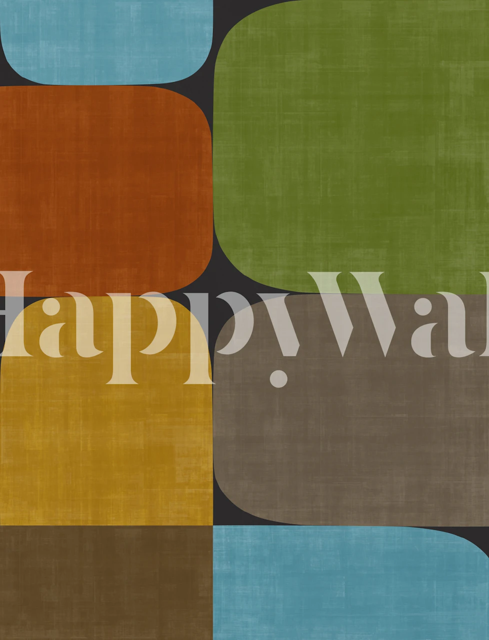 Colorful geometric wallpaper with abstract blocks in orange, green, blue, and brown on a black background.