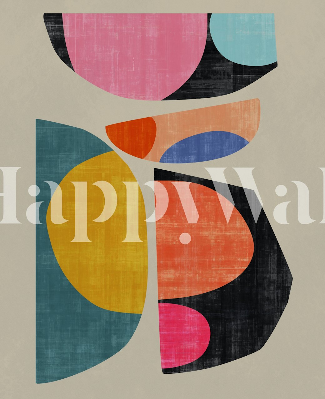 Colorful abstract shapes in pink, black, blue, orange, and yellow wallpaper