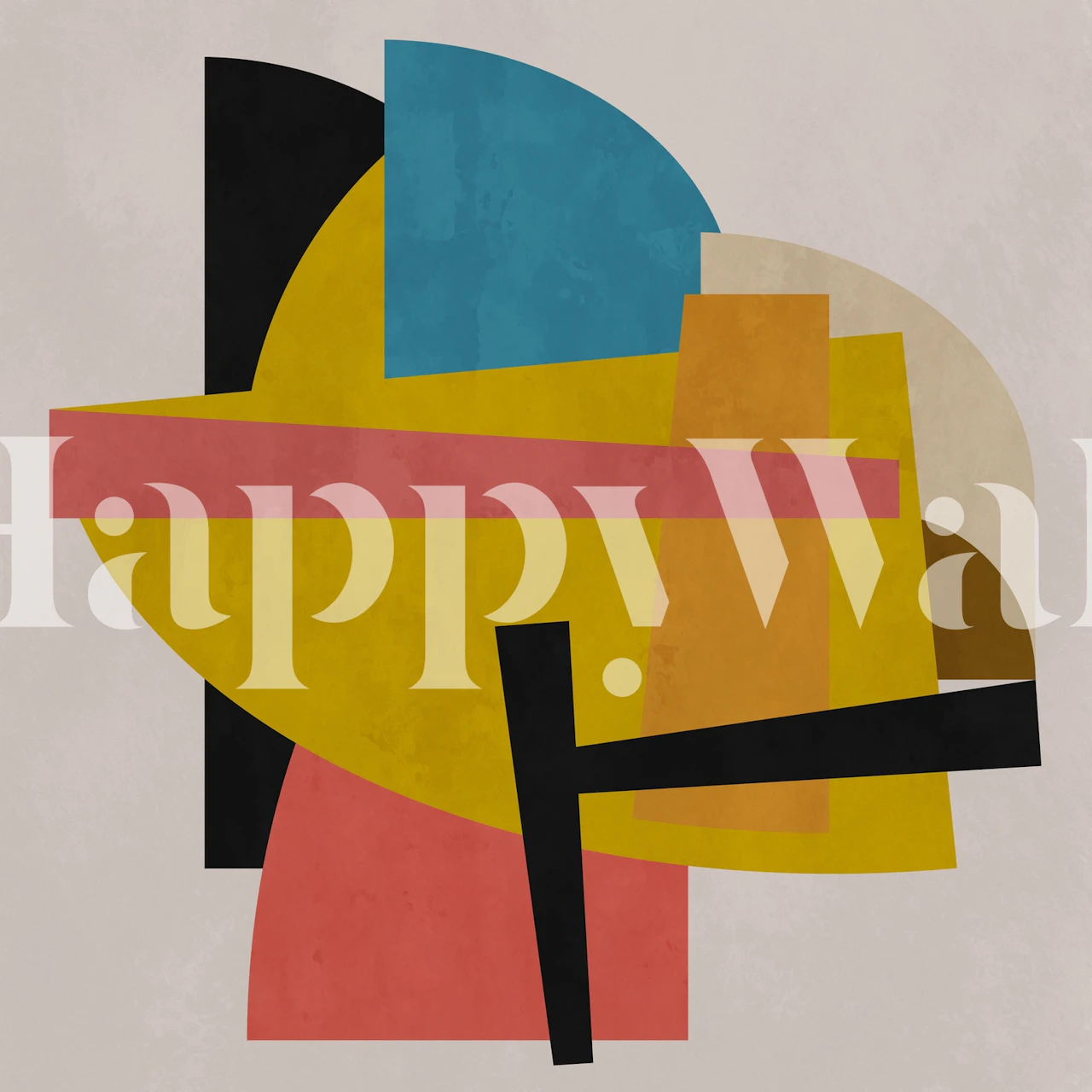 Abstraktes geometrisches Wandbild mit überlappenden schwarzen, blauen, gelben und pfirsichfarbenen Formen