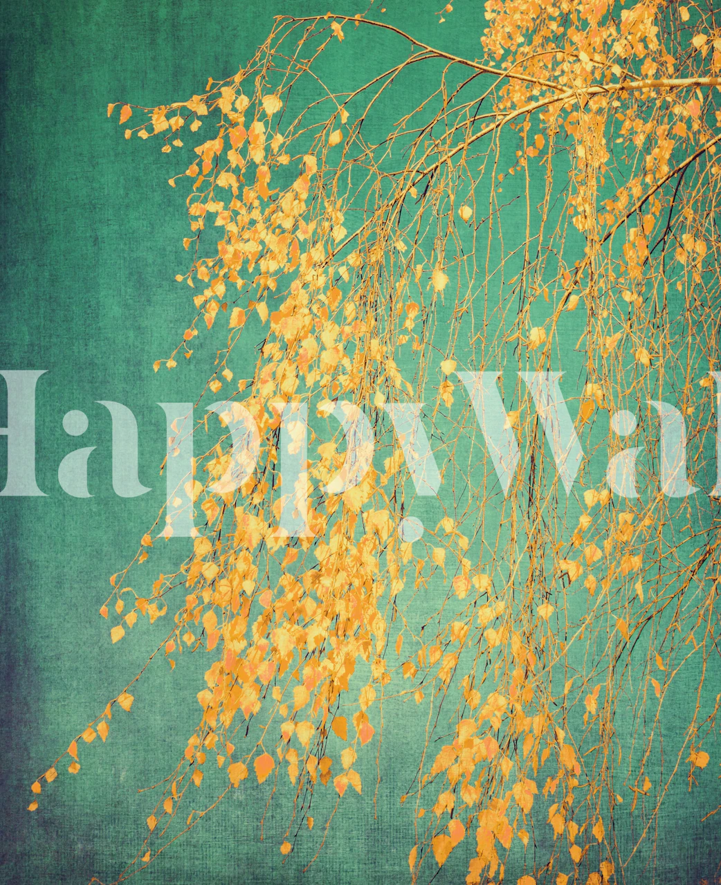 Yellow leaves on bare branches against emerald green background wallpaper