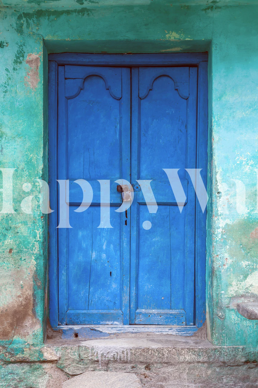Blue rustic door with turquoise walls wallpaper
