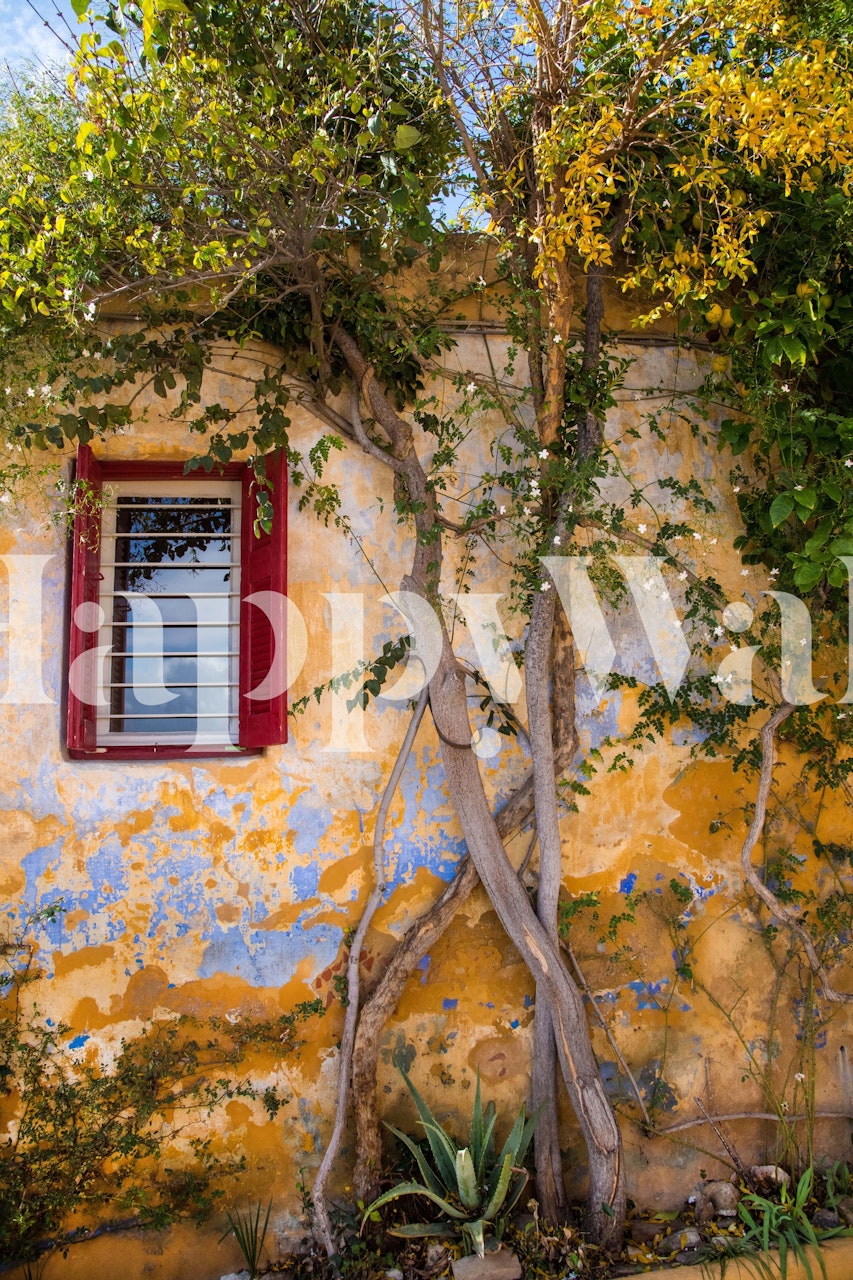 Textured yellow and blue wall with greenery and window wallpaper