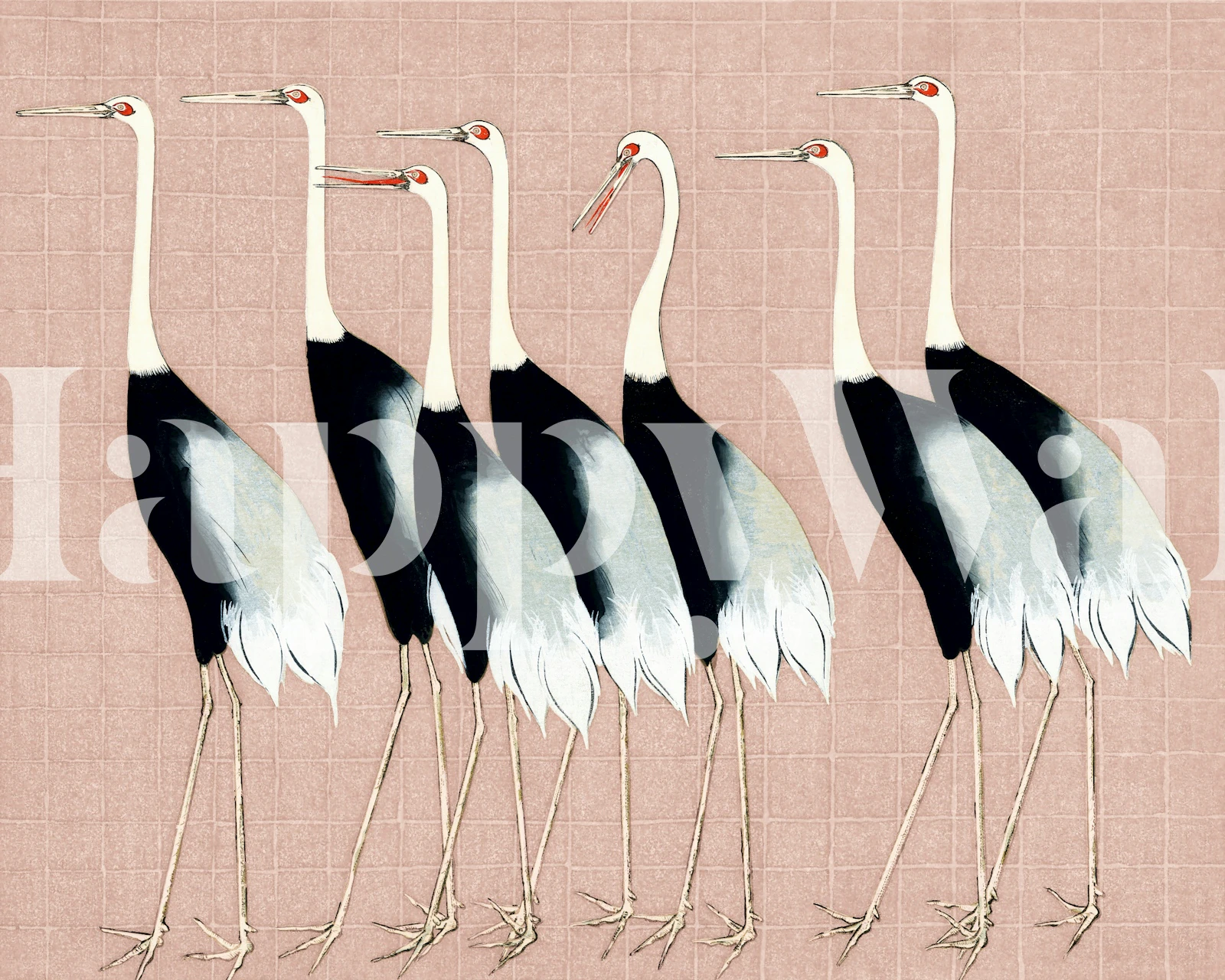 Japan cranes in black and white on beige pink wallpaper