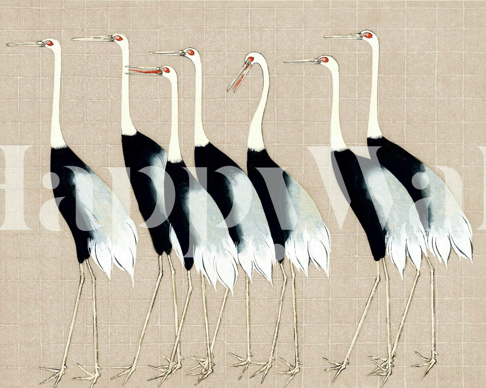 Japanese cranes in black and white on beige background wallpaper