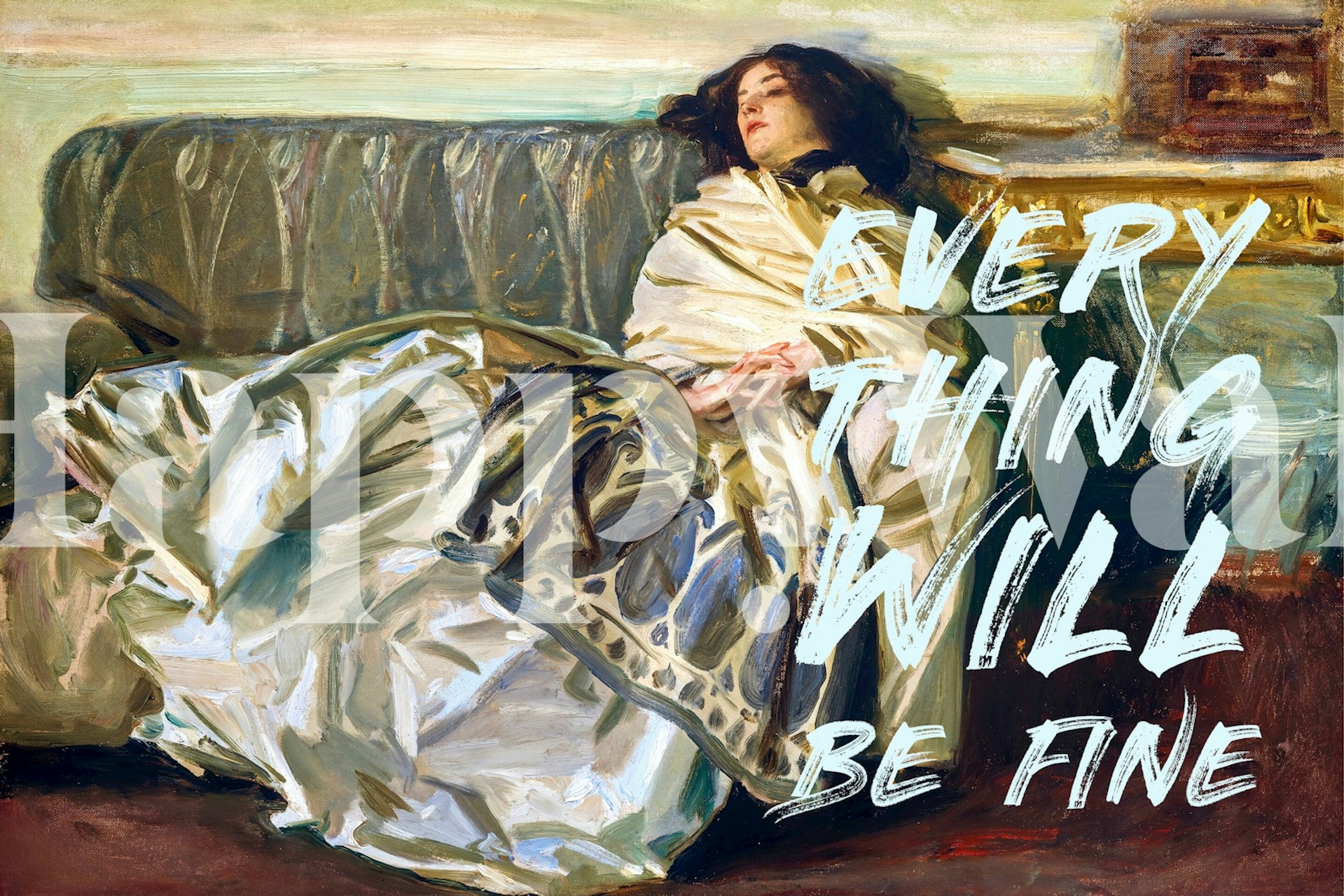 Artistic wallpaper showing a woman resting, with uplifting text. Soft colors and painterly style wallpaper.
