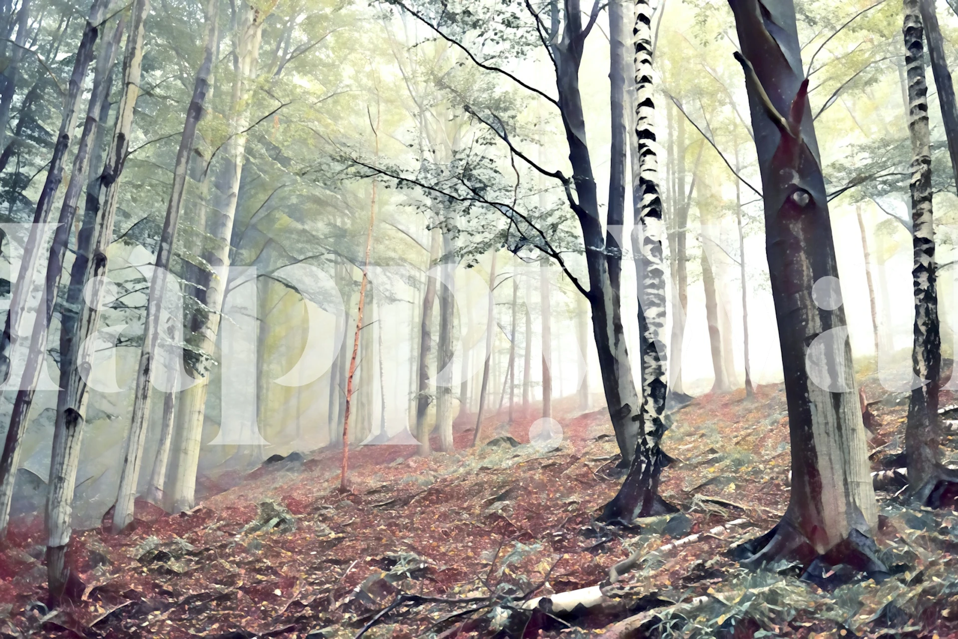 Mural de pared de bosque brumoso con tonos suaves y vibraciones tranquilas del bosque