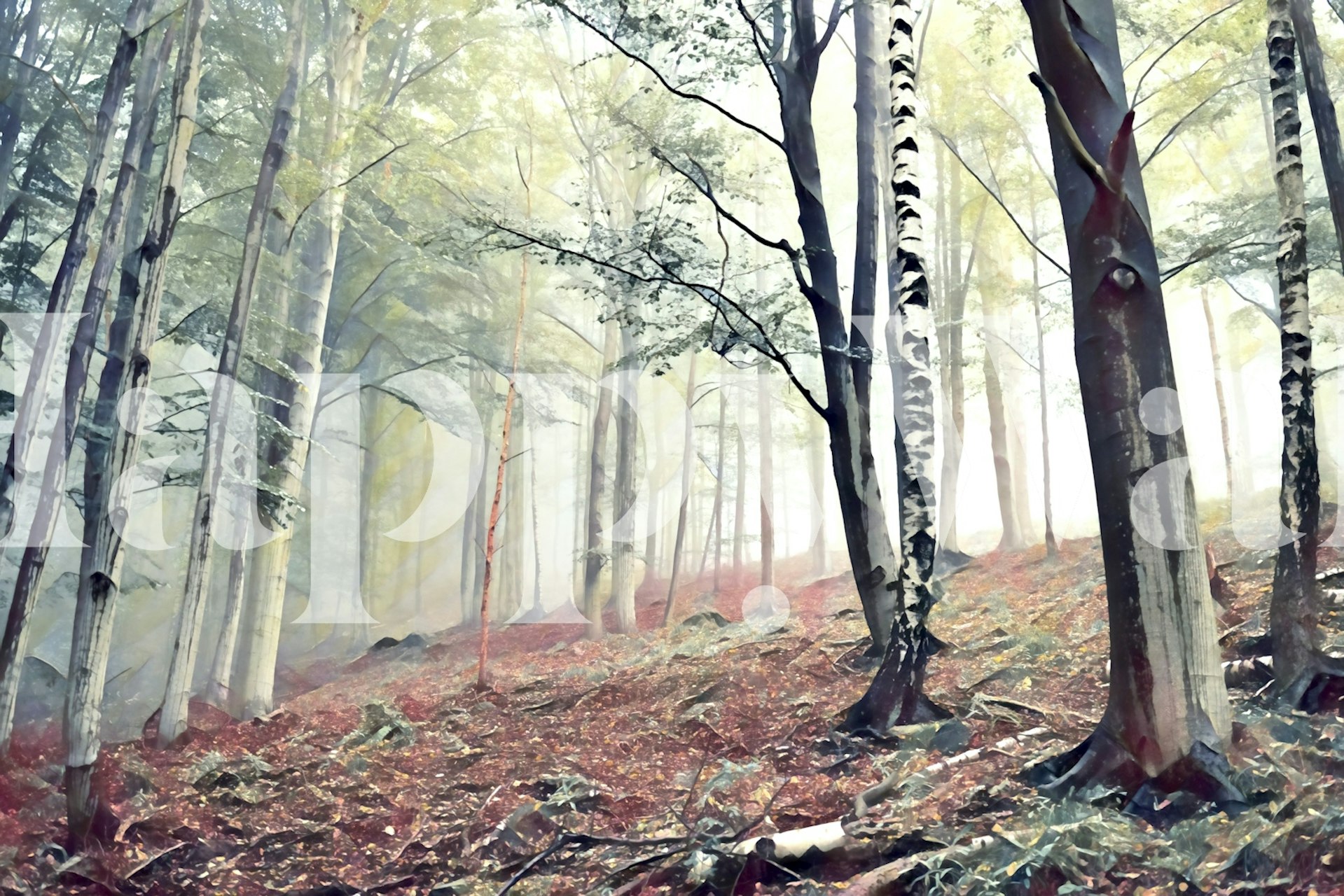 Tåget skovvægmaleri med blide nuancer og rolige skovstemninger