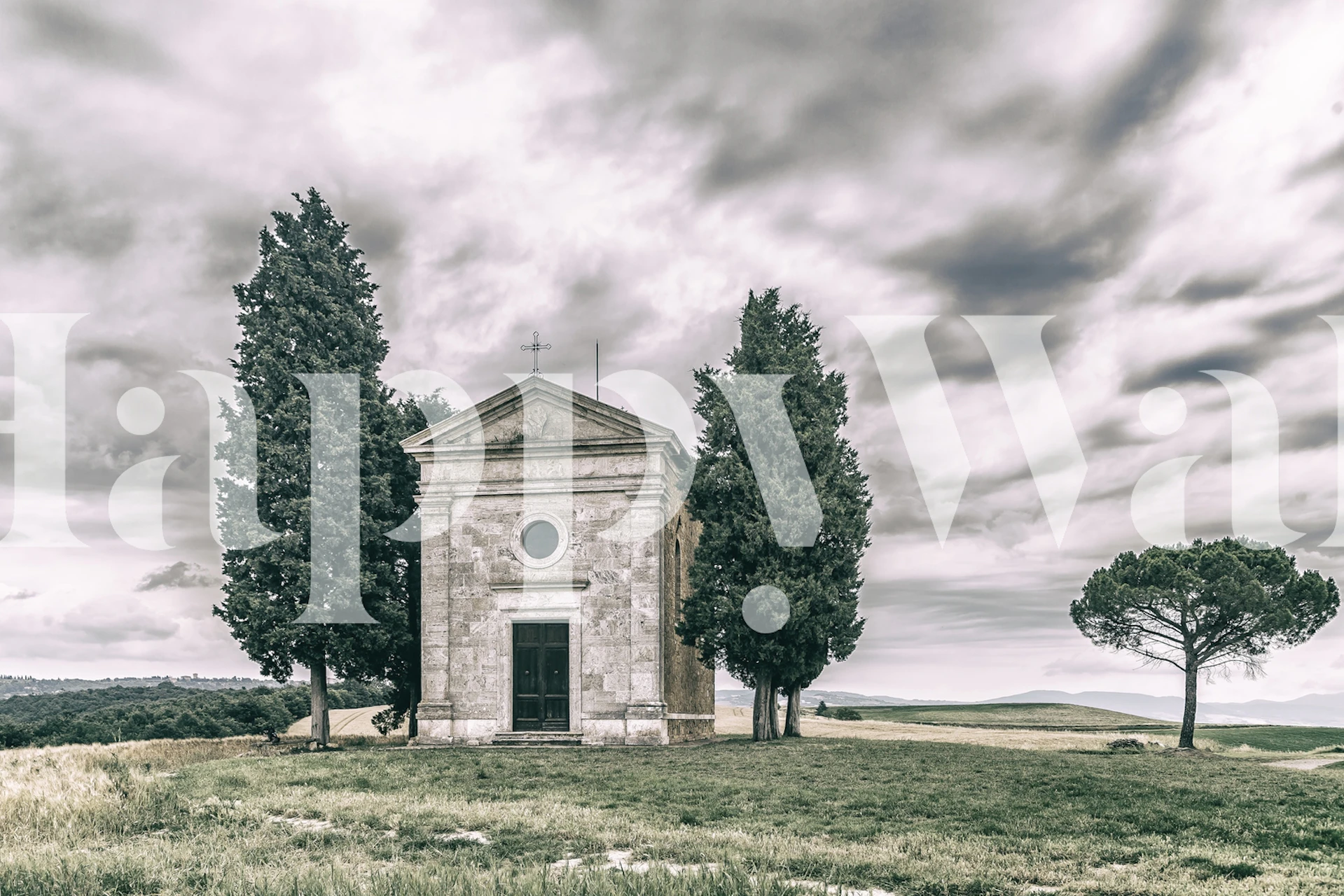 Cappella Madonna di Vitaleta tapet med toskanskt landskap och kapell