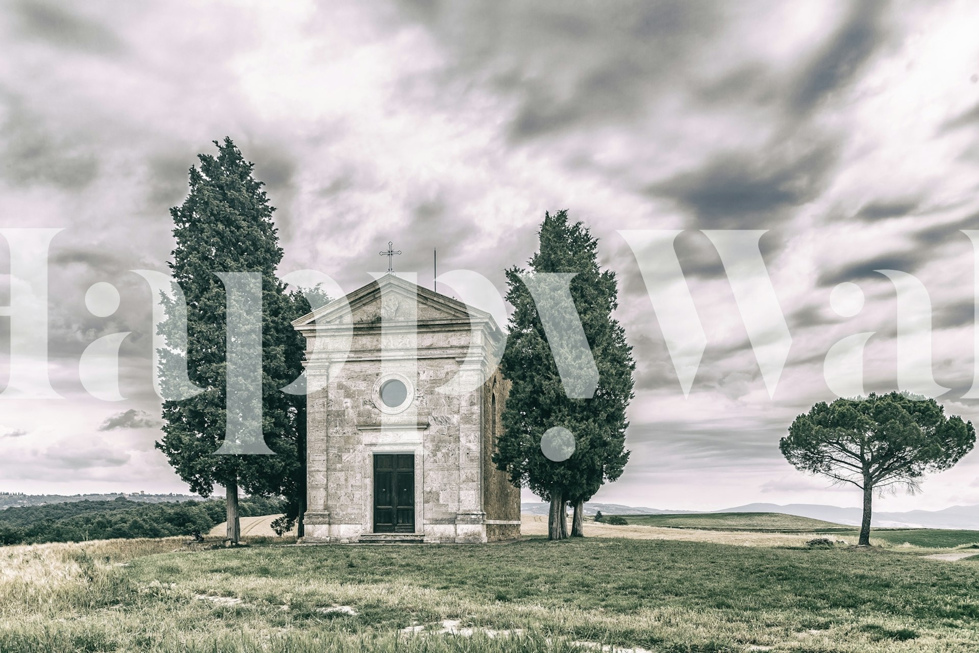 Cappella Madonna di Vitaleta wall mural with Tuscan landscape and chapel