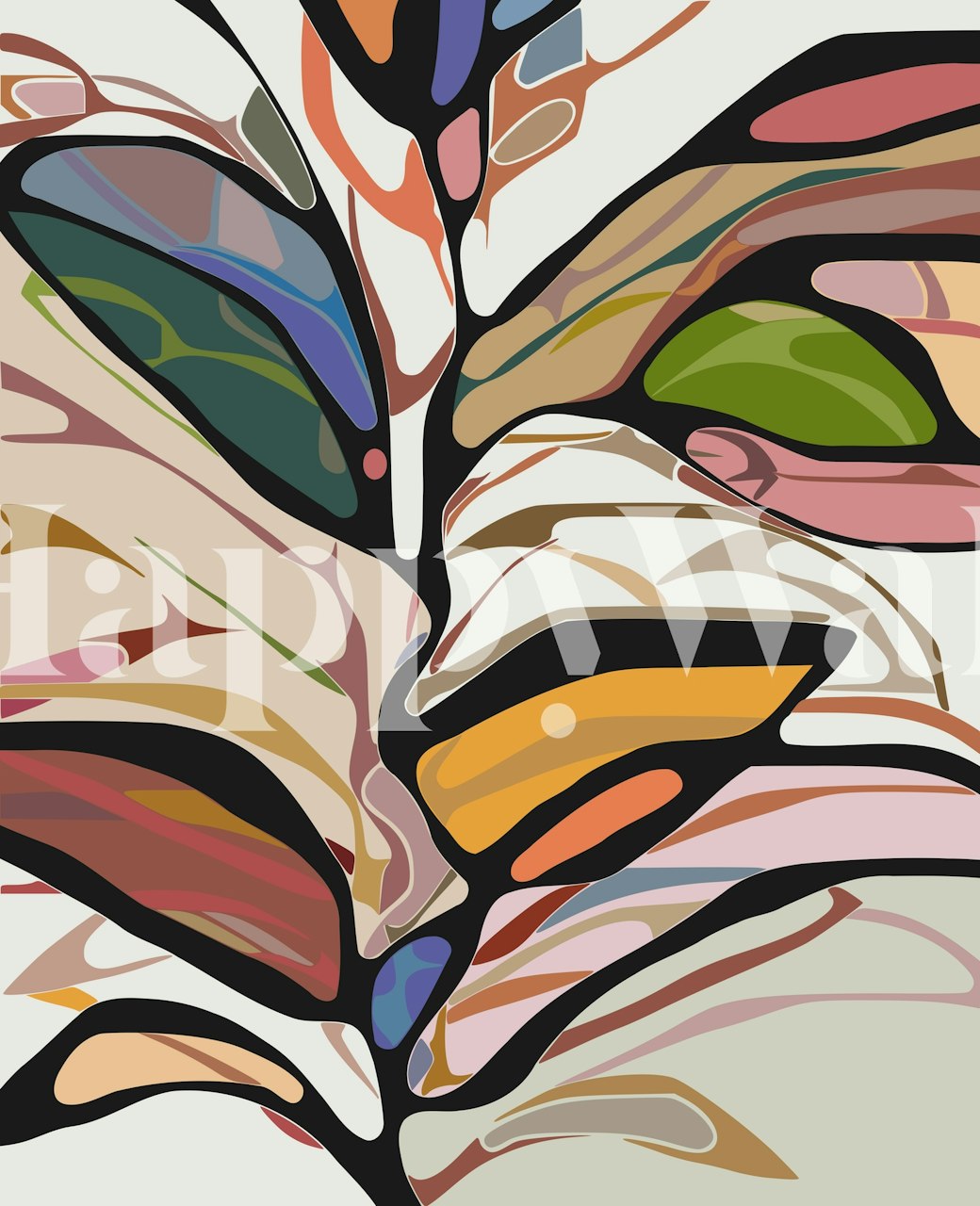Colorful abstract leaf shapes in green, pink, and orange hues wallpaper