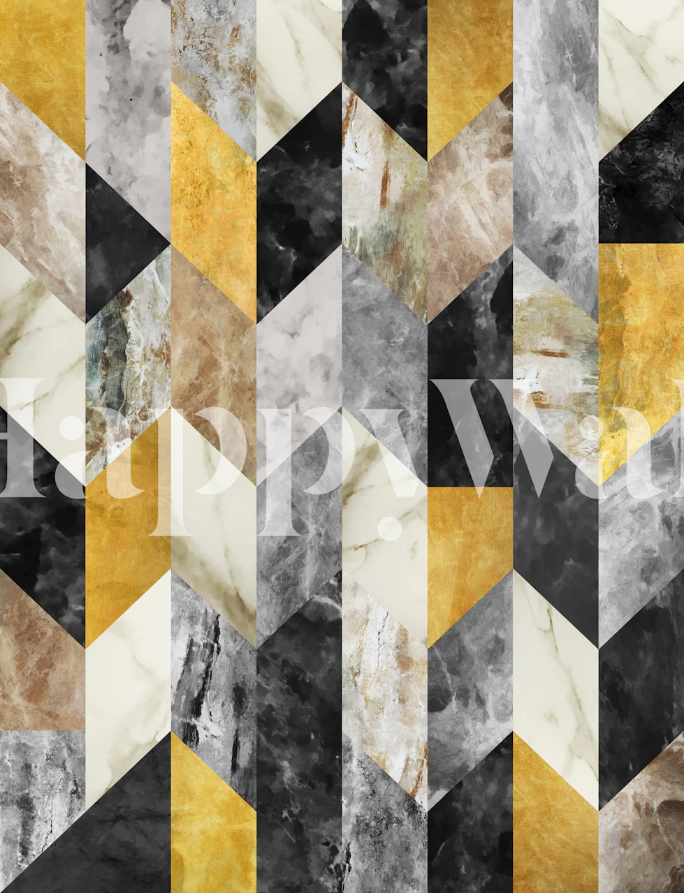 Mural de pared con motivos geométricos jaspeados abstractos en negro, blanco, dorado y gris