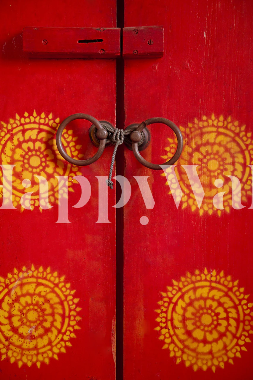 Red floral mandala wallpaper with yellow patterns