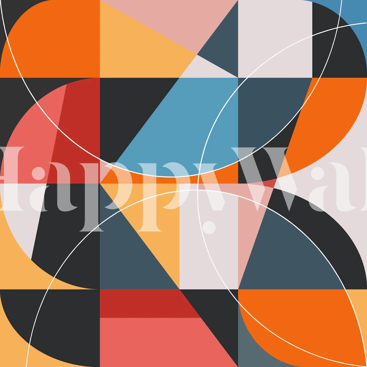 Colorful geometric shapes in red, blue, orange, and black wallpaper