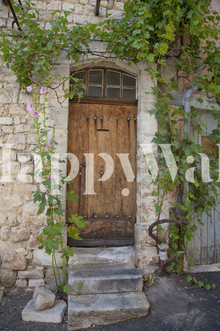 A rustic stone wall with a wooden door and climbing vines in earthy tones wallpaper