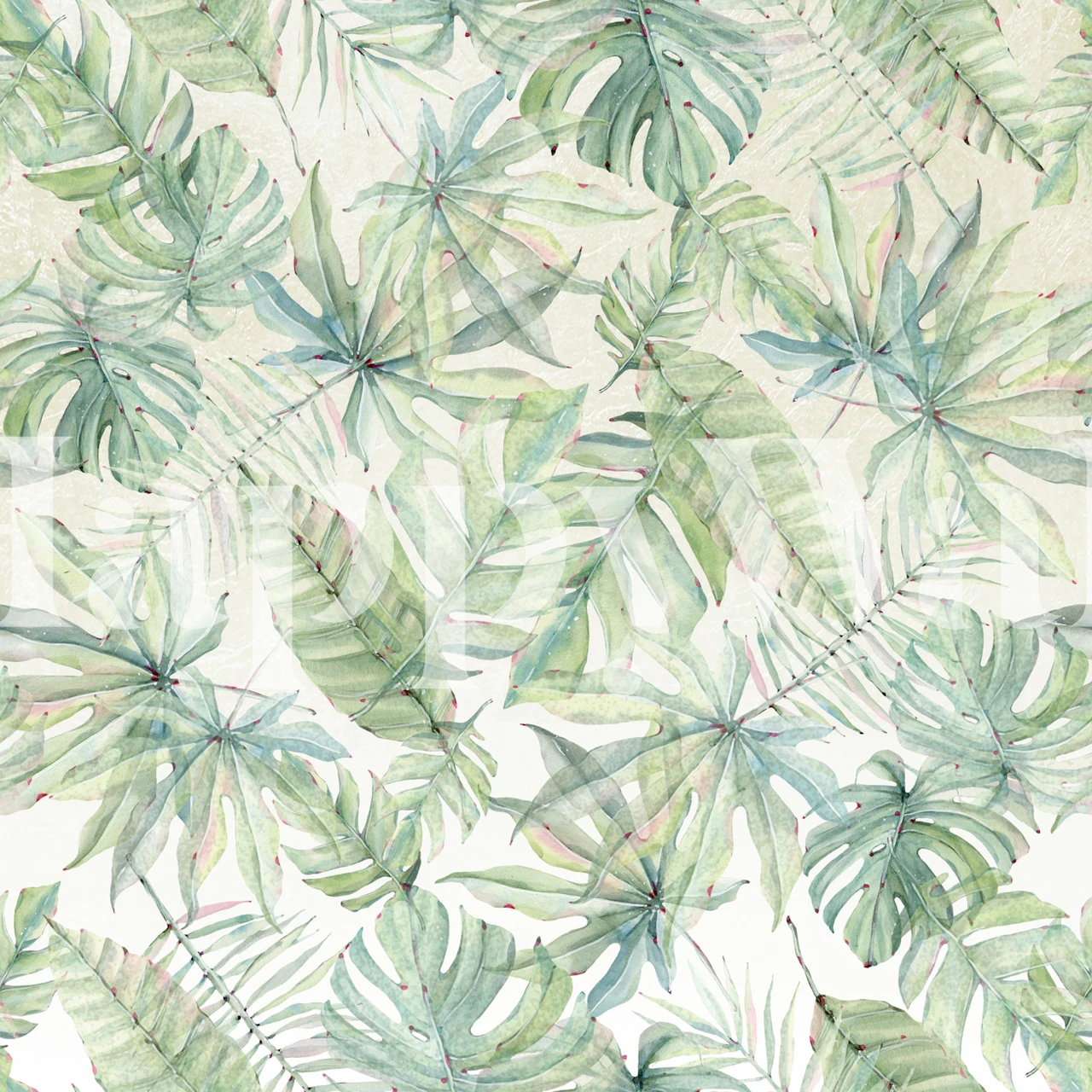 Tropical green leaves patterned wallpaper on a light background