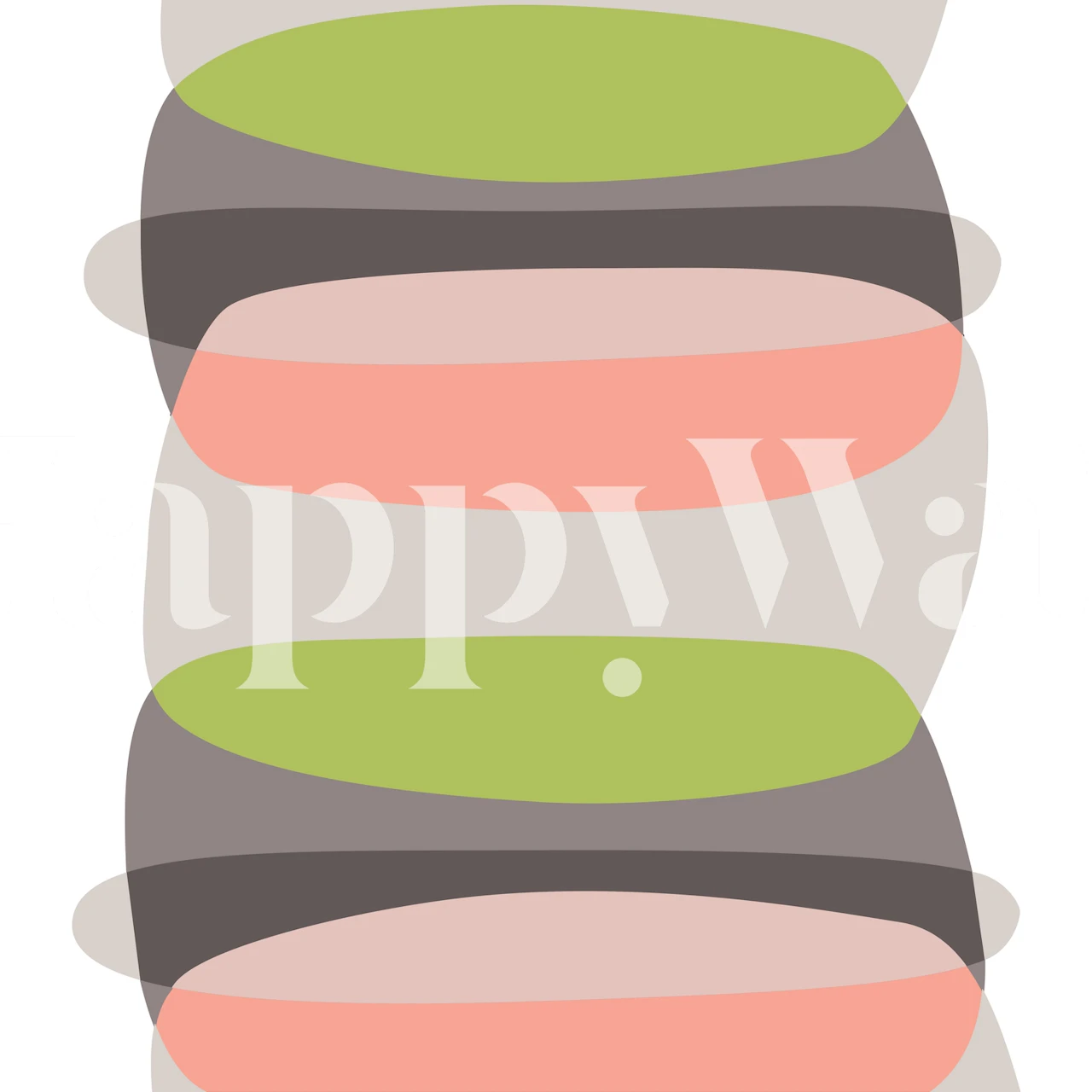 Abstract pebble shapes in shades of pink, green, and taupe on a wall mural.