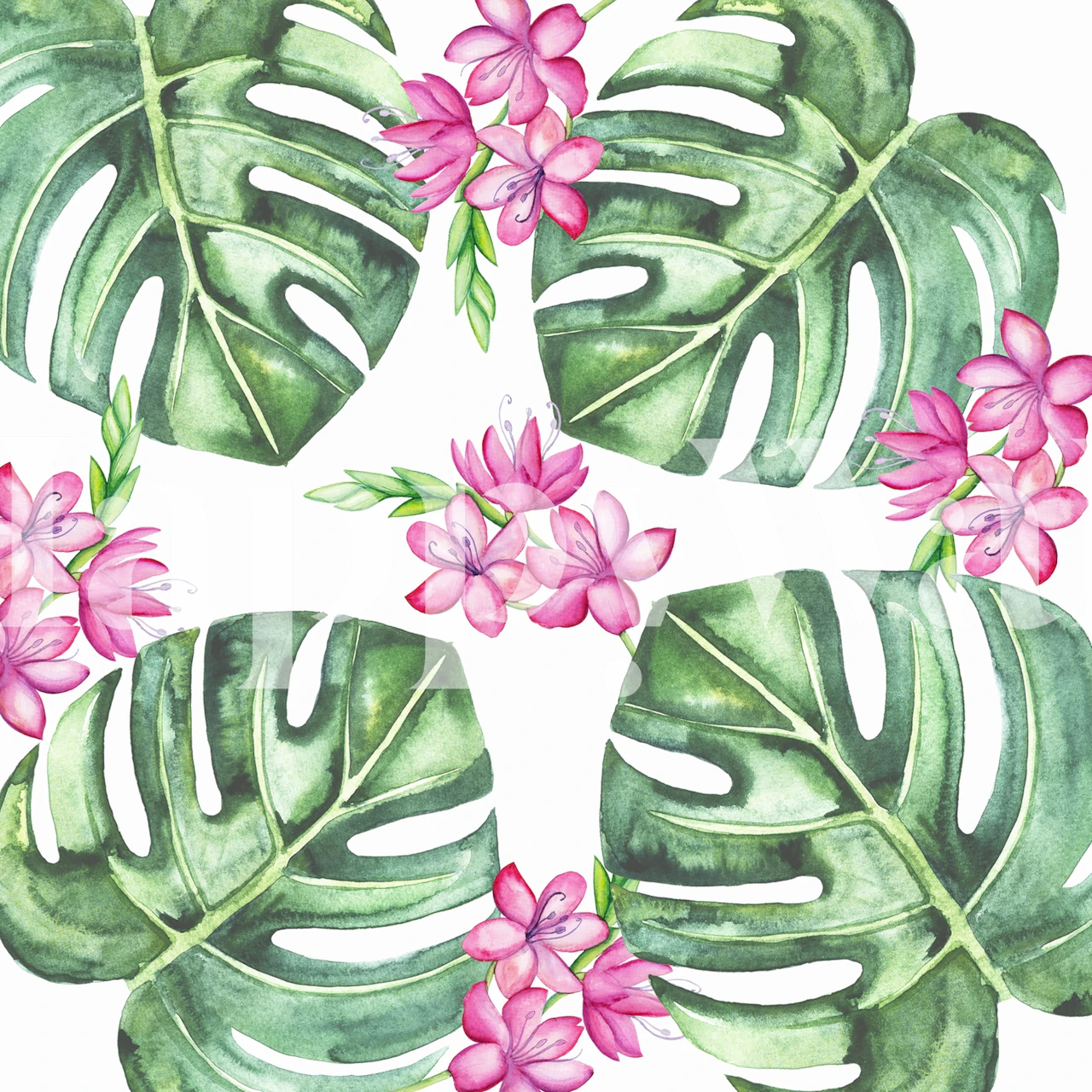 Tropische bloemen en Monstera muurschildering met weelderig groen en roze bloemen