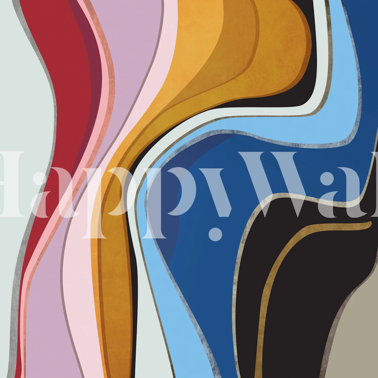 Mural abstracto con formas sinuosas en azules, rojos y neutros