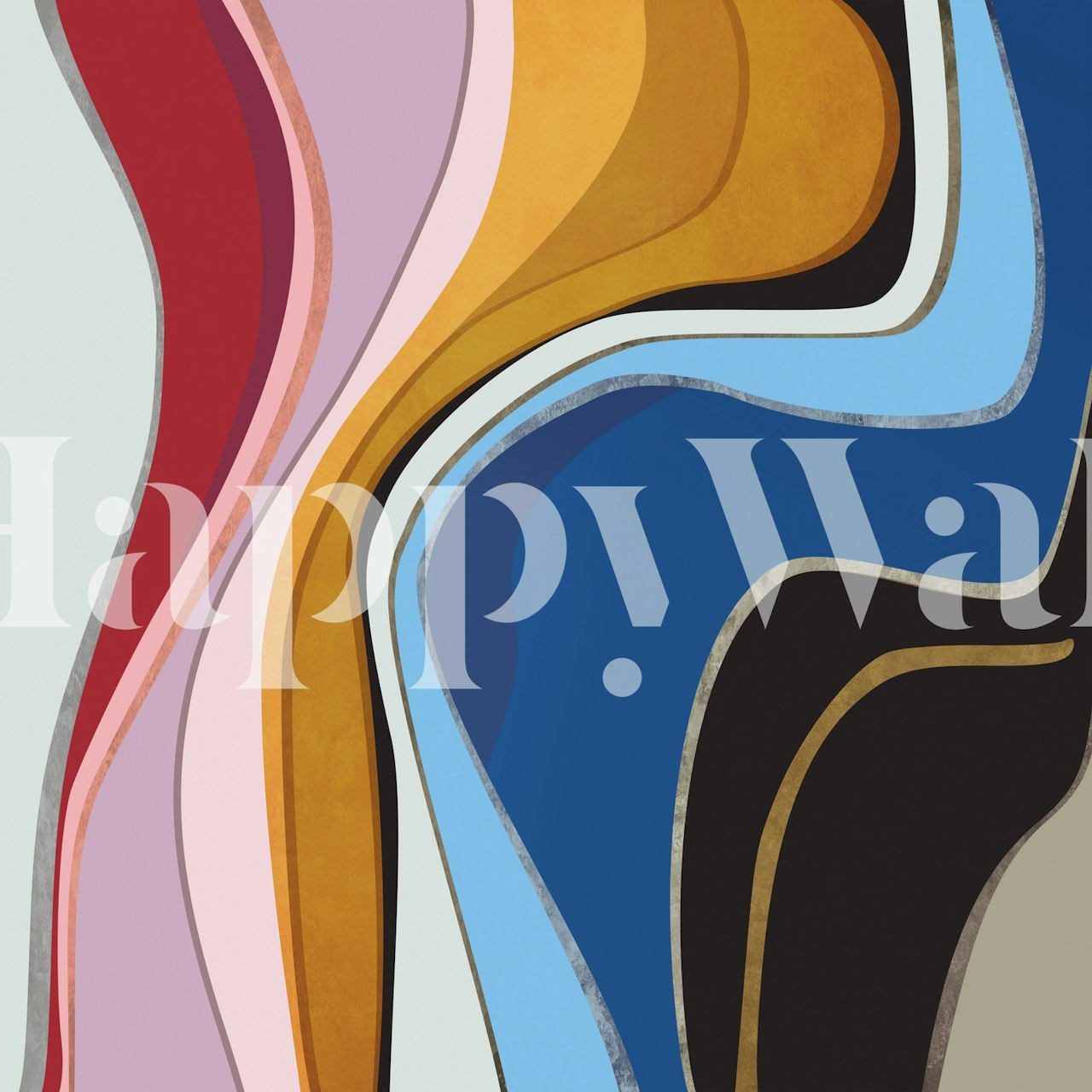 Abstrakt tapet med vindlande former i blått, rött och neutralt