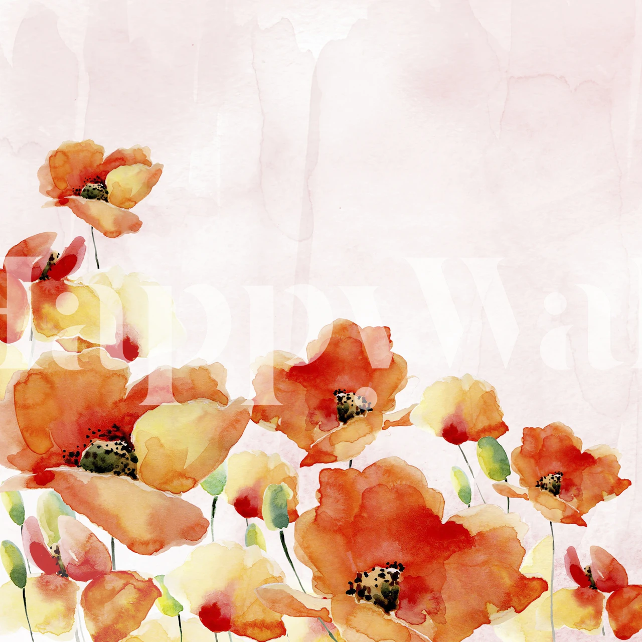 Papel de parede colorido Poppies em um ambiente de quarto
