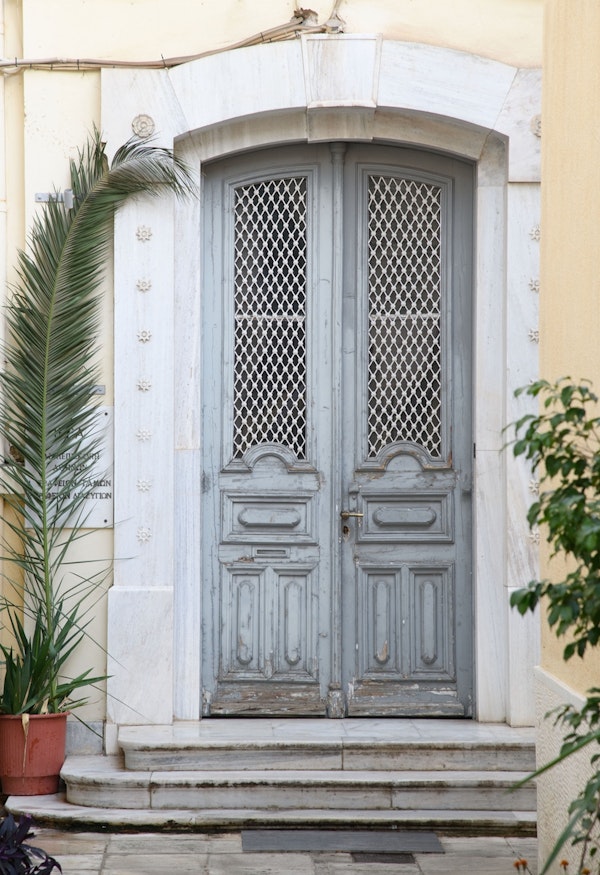 Gray Greek Door with Palm 1