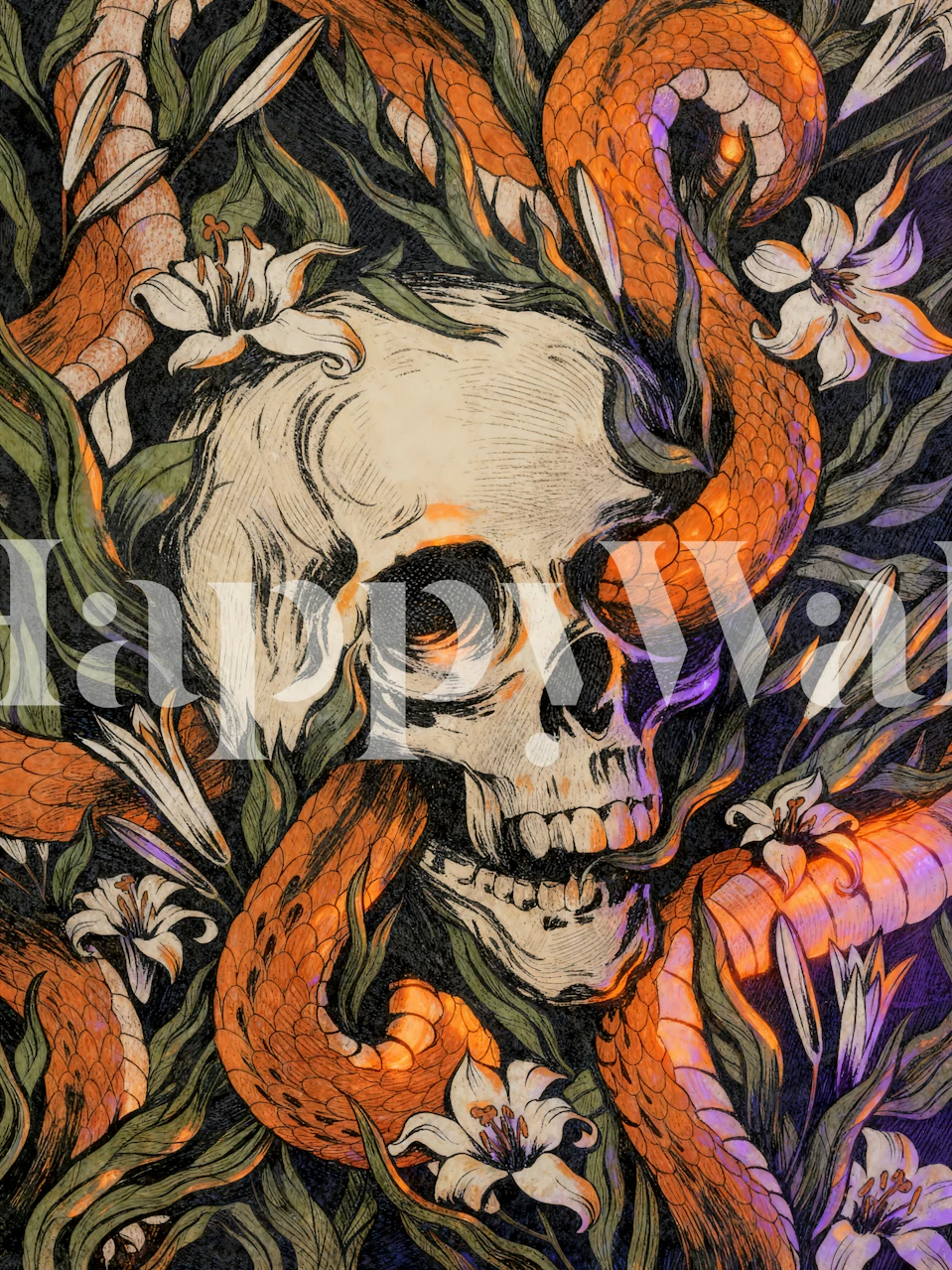 Skull wrapped in snakes and vines with flowers, dark background wallpaper