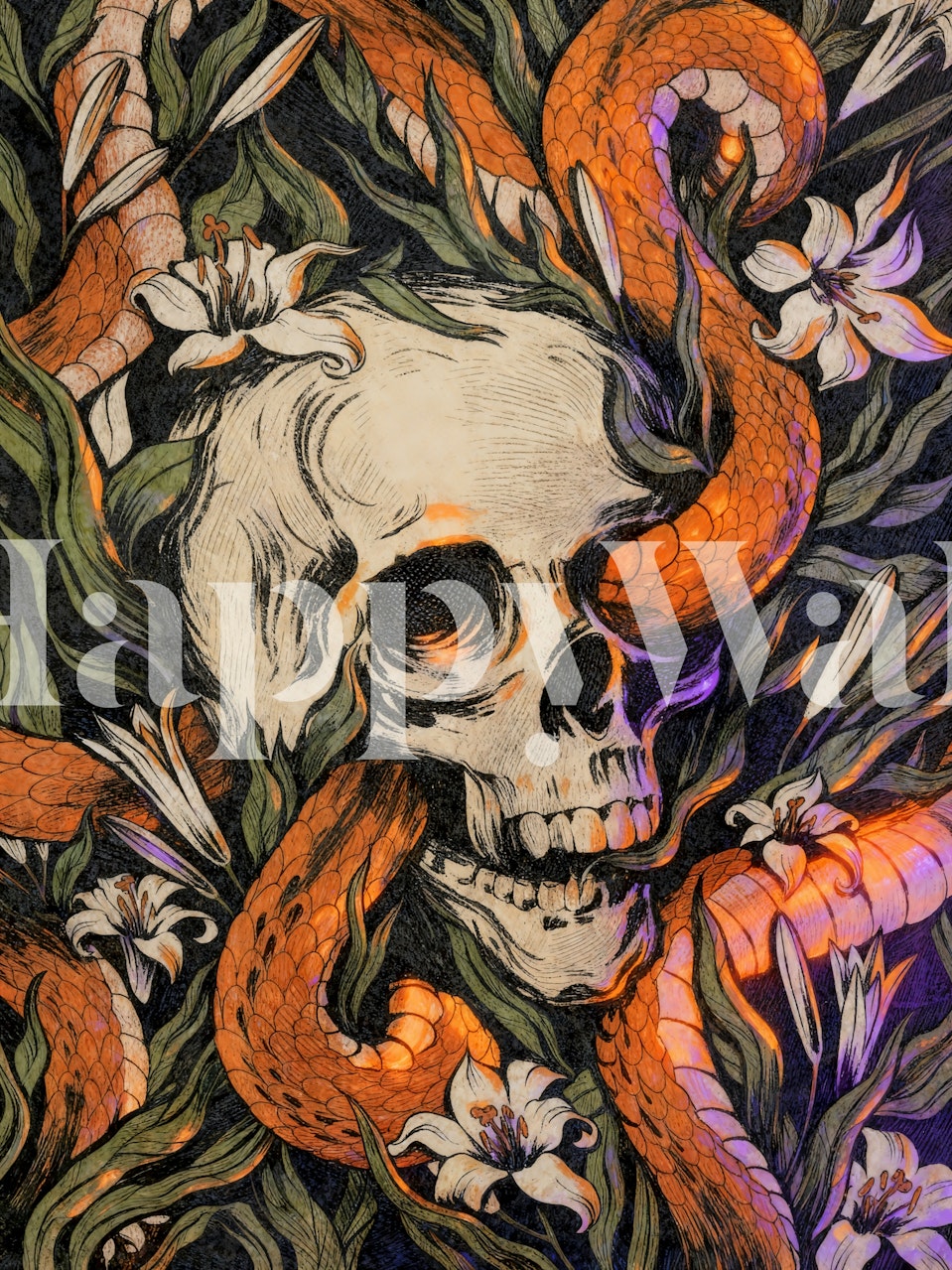 Skull, Schlangenmuster und weiße Blumen in erdigen Farben wallpaper