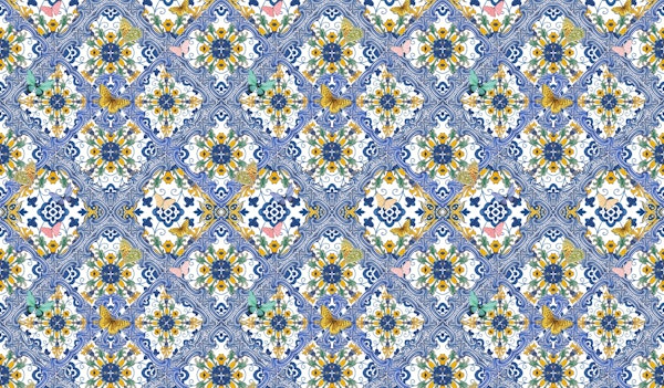 Blue tiles, yellow flowers & butterflies