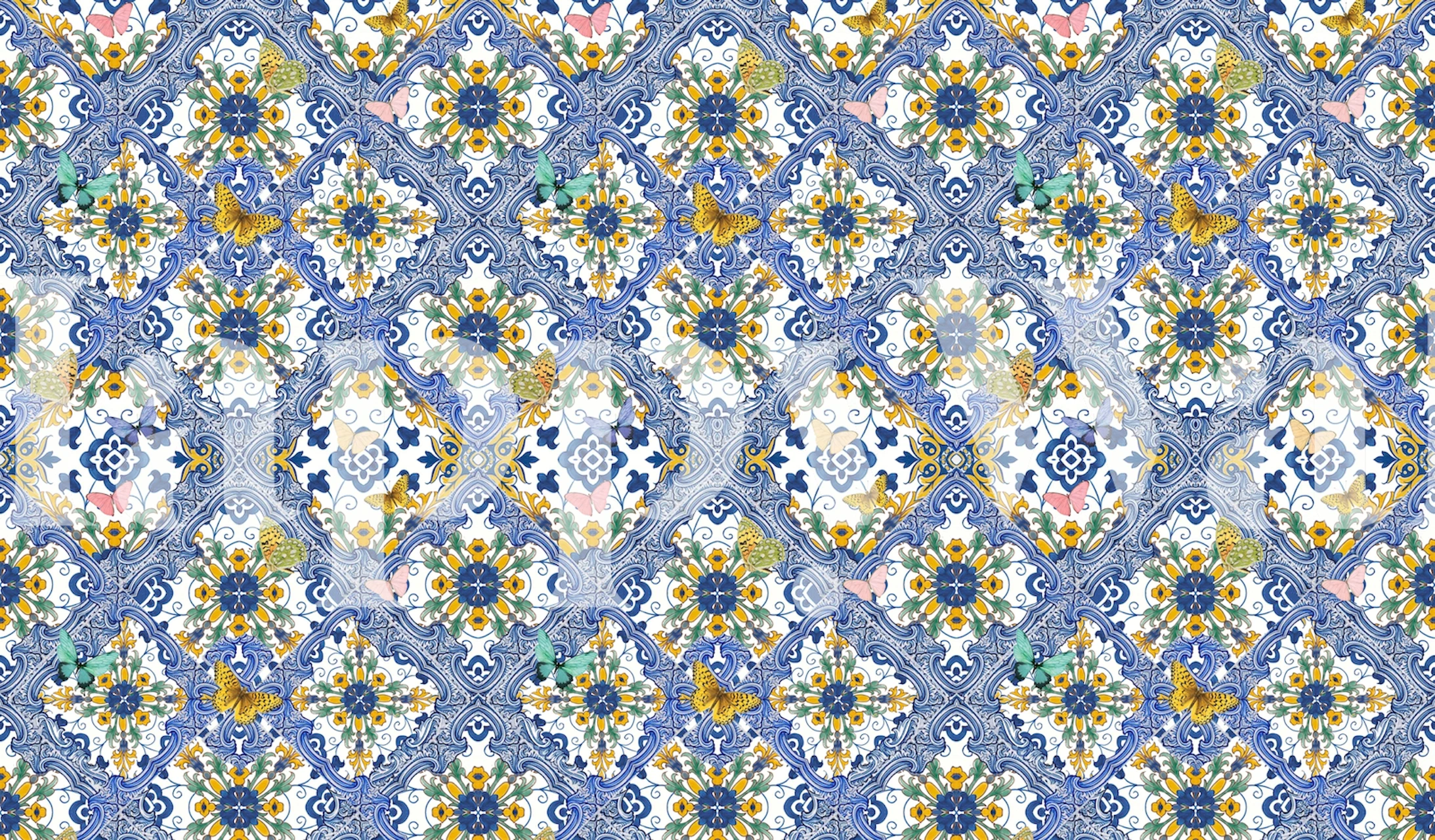 Wallpaper featuring yellow flowers and blue tiles