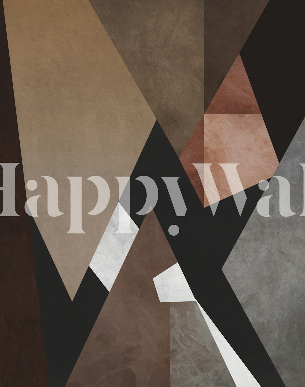 Mural de pared geométrico moderno con un mosaico de triángulos marrones y grises que forman un diseño angular y nítido