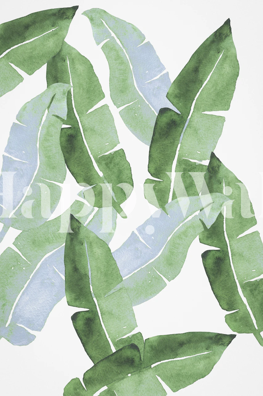 Tropical leaves in shades of green and blue watercolor wallpaper