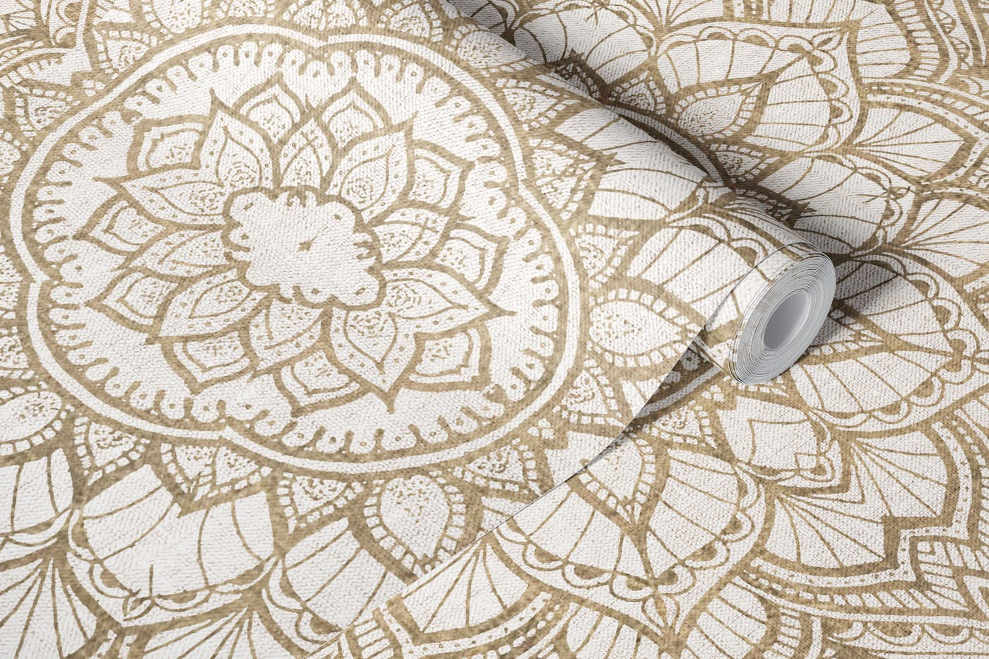 Golden mandala on beige linen wallpaper roll