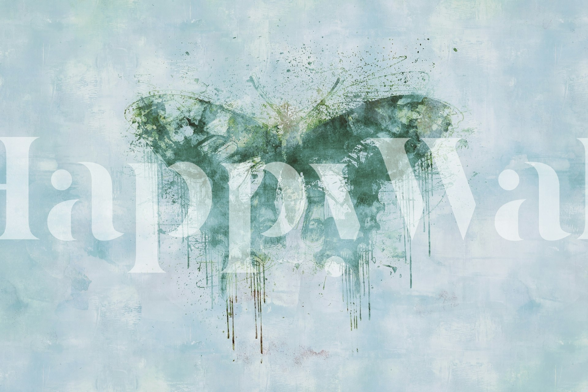 Abstraktes Schmetterlings-Wandbild in sanftem Blau und Weiß mit Aquarelleffekten