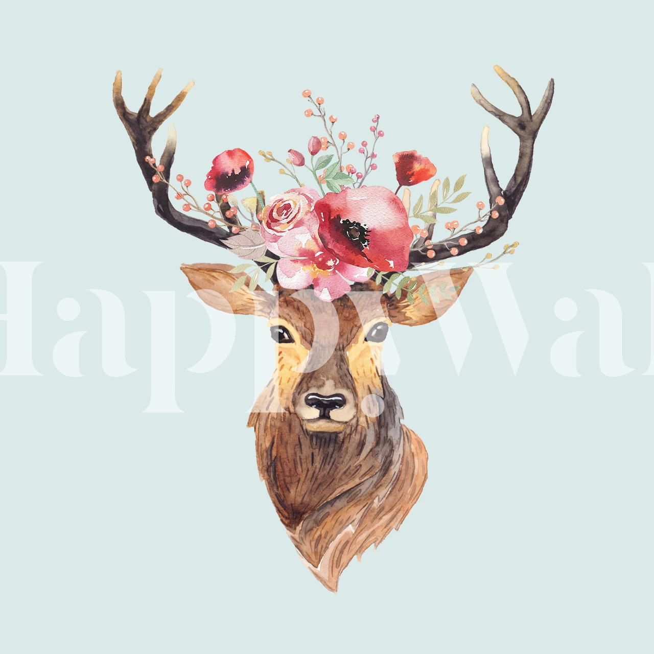 Bohemian deer with floral crown and antlers on blue wallpaper