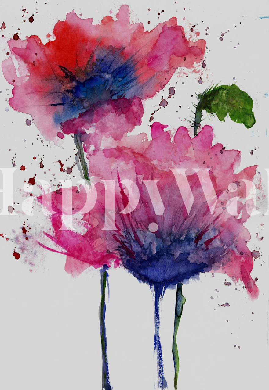 Pink watercolor flowers with green leaves wallpaper